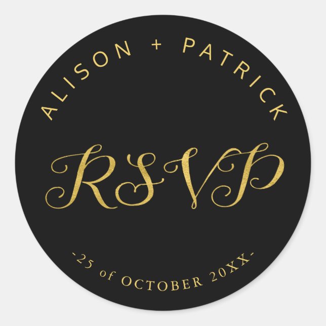 Wedding luxury gold black elegant rsvp classic round sticker (Front)