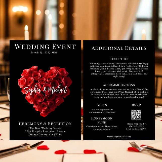 Wedding Magazine Cover All in One Invitation (Wedding Invitation Red Roses in the Shape of a Heart- Black White and Red)