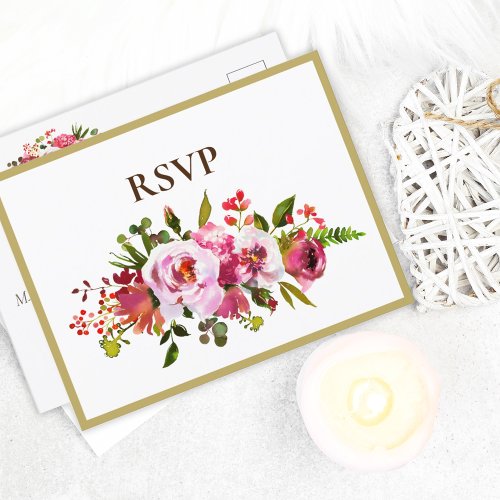 Wedding Magenta Pink Coral Floral Gold Border RSVP Invitation Postcard