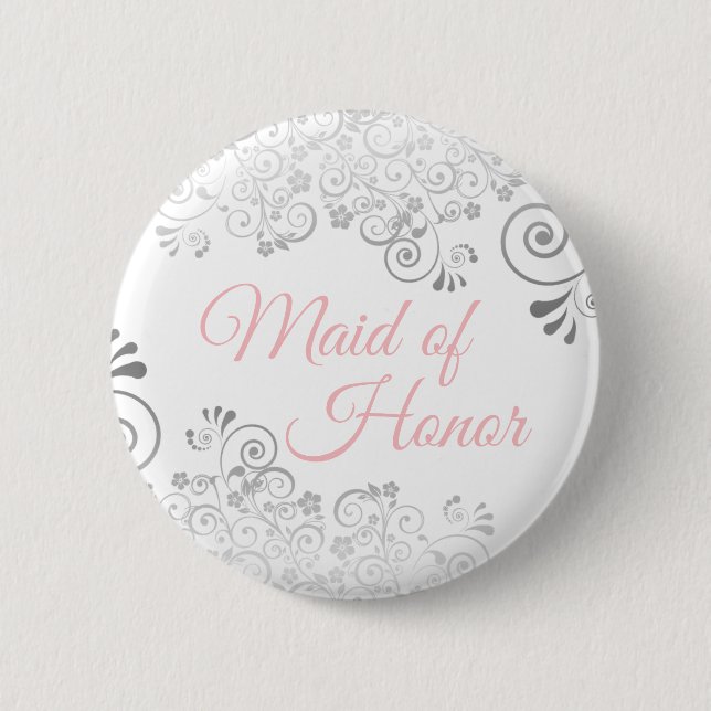 Wedding Maid of Honor Button Pink & Gray (Front)