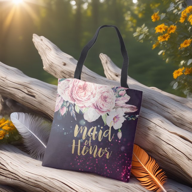Wedding Maid of Honor Floral Feather Purple Lights Tote Bag (Creator Uploaded)
