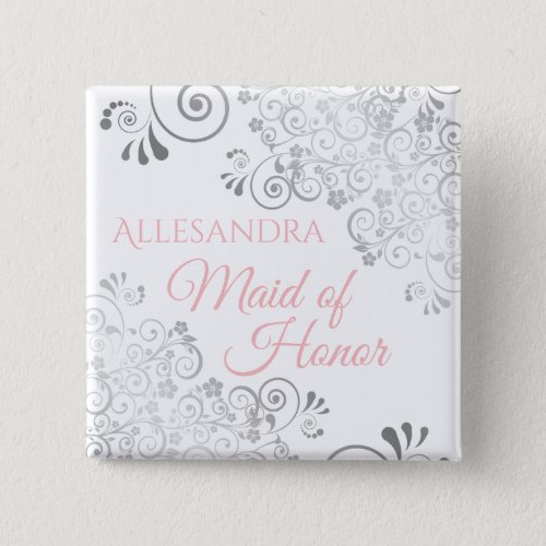 Wedding Maid of Honor Name Tag Pink  Gray Button