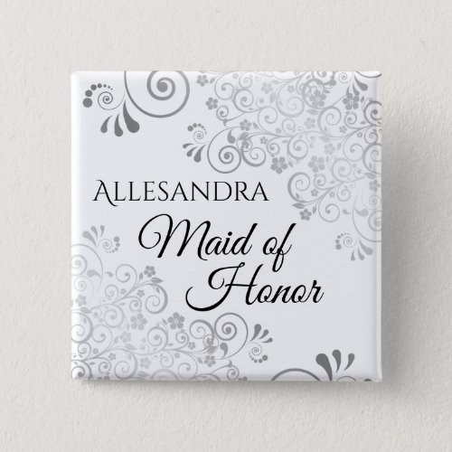 Wedding Maid of Honor Name Tag Silver Lacy Curls Button
