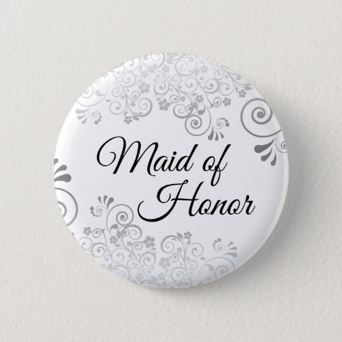 Wedding Maid of Honor Ornate Silver Curls Button