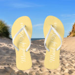 Wedding Maid of Honor Trendy Butter Yellow Flip Flops<br><div class="desc">Gift your wedding bridesmaids with these stylish Maid of Honor flip flops that are a trendy,  butter yellow color along with white,  stylized script to complement your similar wedding color scheme. Select foot size along with other options. You may customize your flip flops to change color to your desire.</div>