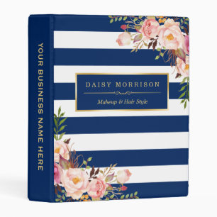 Wedding Makeup Beauty Floral Navy Blue Stripes Mini Binder