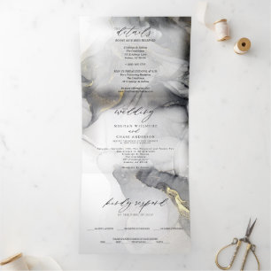 Wedding Marble Black Gold Alcohol Ink Tri-Fold Invitation