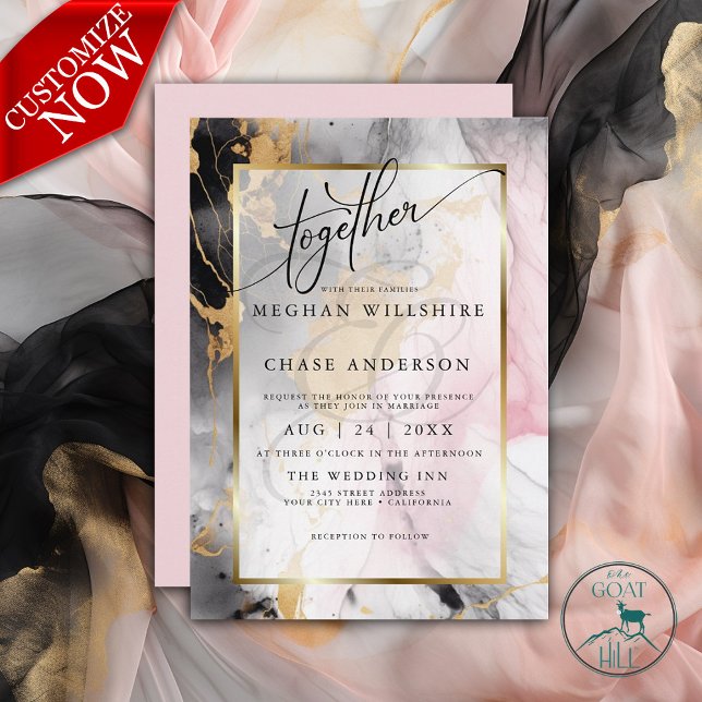 WEDDING | Marbled Dusty Rose Black Gold Abstract  (Easy to Customize All Text )
