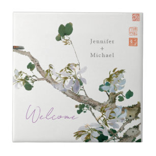 Wedding Marriage Minimalist Calligraphy Floral Ceramic Tile