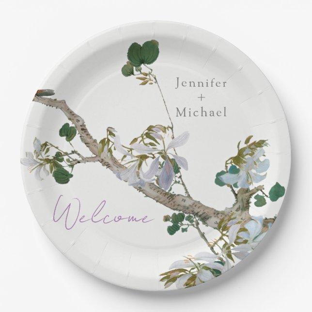 Wedding Marriage Minimalist Calligraphy Floral Paper Plates (Front)