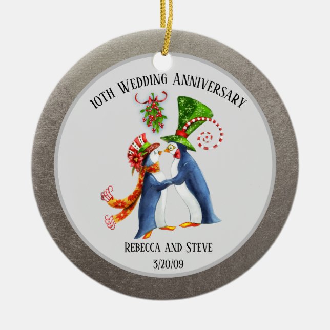 Wedding Married Couple Anniversary Penguin Silver Ceramic Ornament (Front)