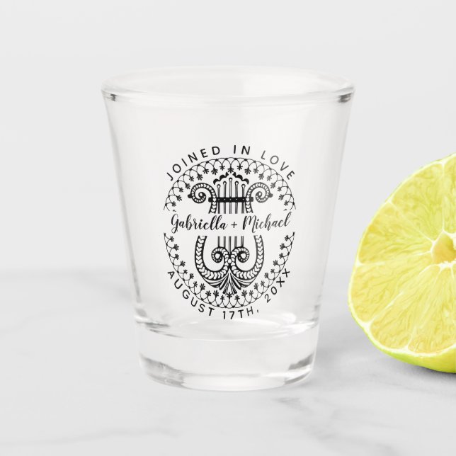 Wedding Married Couple Names | Elegant Ornate Harp Shot Glass (Front)