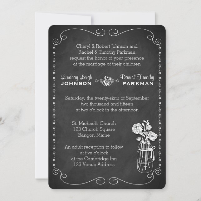 Wedding | Mason Jar, Flowers, Scrolls | Chalkboard Invitation (Front)