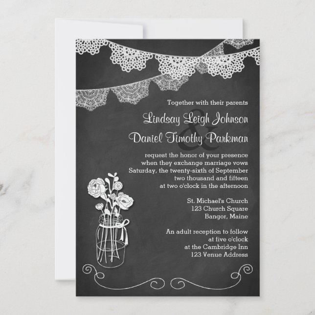 Wedding | Mason Jar, Lace Bunting | Chalkboard 2 Invitation (Front)