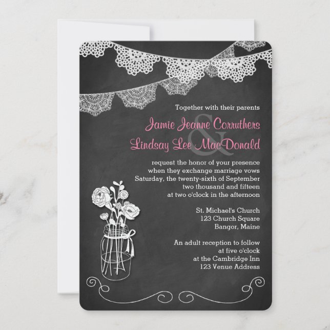 Wedding | Mason Jar, Lace Bunting | Chalkboard 3 Invitation (Front)