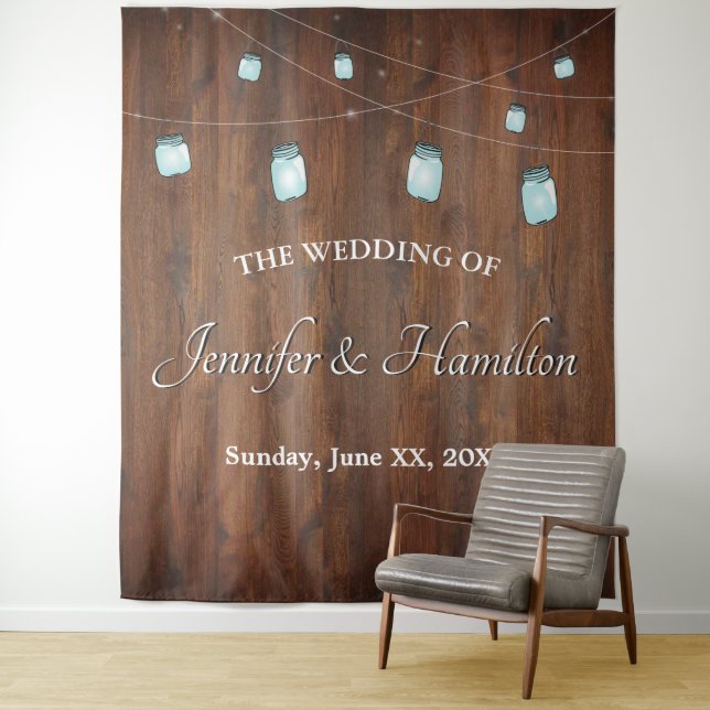 Wedding Mason Jar Lights Barn Wood Backdrop (In Situ)