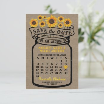 Wedding Mason Jar Sunflower December 2023 Calendar Save The Date by WanderingBark at Zazzle