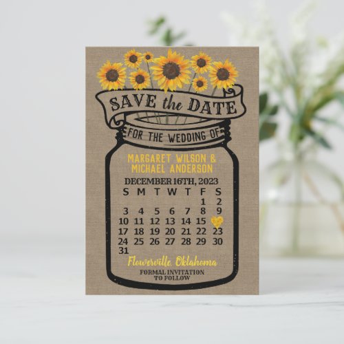Wedding Mason Jar Sunflower December 2023 Calendar Save The Date