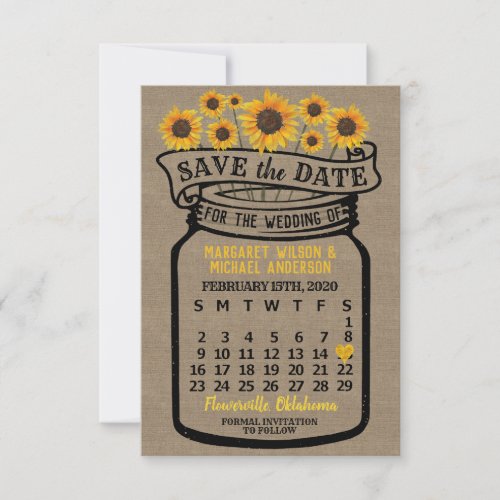 Wedding Mason Jar Sunflower February 2020 Calendar Save The Date