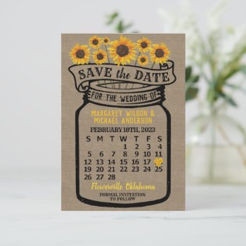 Wedding Mason Jar Sunflower February 2023 Calendar Save The Date by WanderingBark at Zazzle