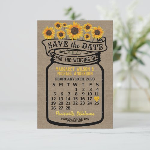 Wedding Mason Jar Sunflower February 2023 Calendar Save The Date