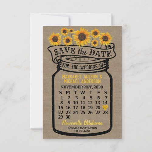 Wedding Mason Jar Sunflower November 2020 Calendar Save The Date