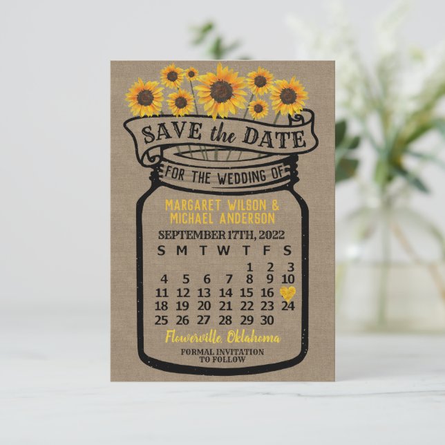 Wedding Mason Jar Sunflower September 2022 Month Save The Date (Standing Front)