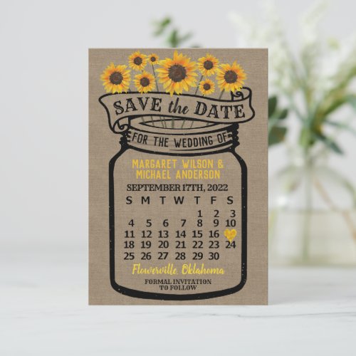 Wedding Mason Jar Sunflower September 2022 Month Save The Date