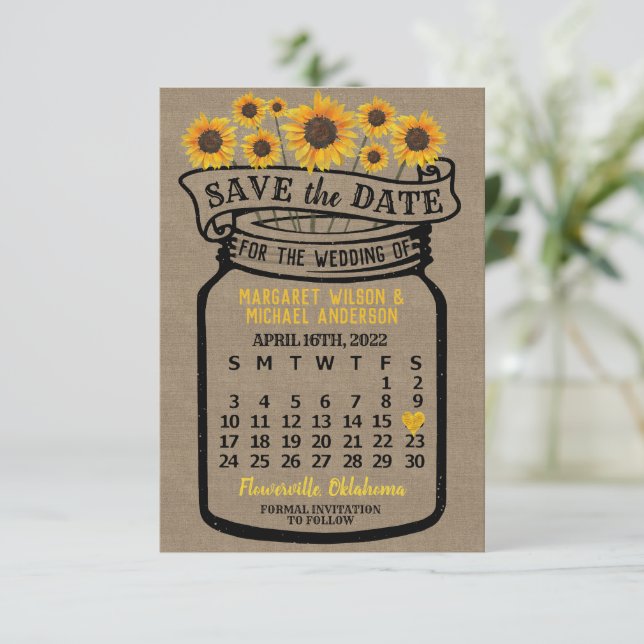 Wedding Mason Jar Sunflowers April 2022 Calendar Save The Date (Standing Front)
