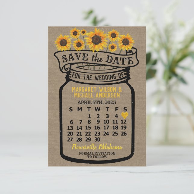 Wedding Mason Jar Sunflowers April 2025 Calendar Save The Date (Standing Front)