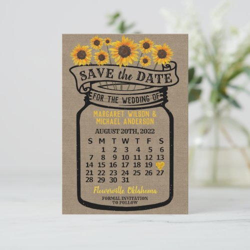 Wedding Mason Jar Sunflowers August 2022 Calendar Save The Date
