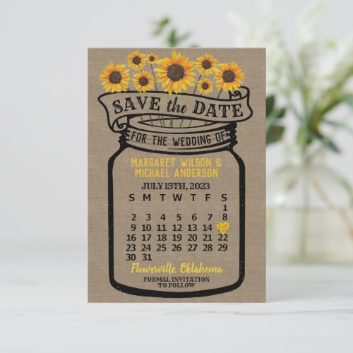 Wedding Mason Jar Sunflowers July 2023 Calendar Save The Date