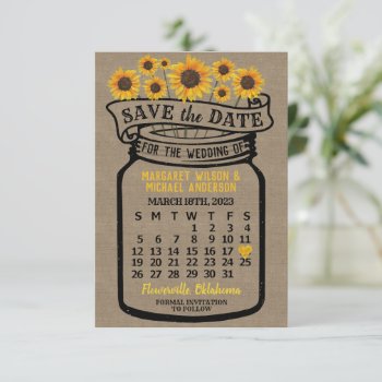 Wedding Mason Jar Sunflowers March 2023 Calendar Save The Date by WanderingBark at Zazzle