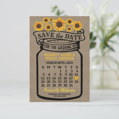 Wedding Mason Jar Sunflowers March 2023 Calendar Save The Date