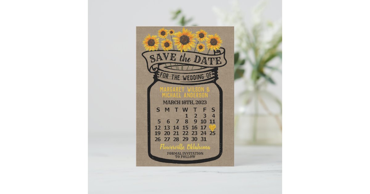 Wedding Mason Jar Sunflowers March 2023 Calendar Save The Date Zazzle