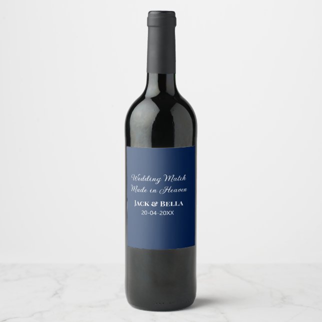 Wedding Match made in heaven wedding favours blue  Wine Label (Front)