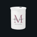 Wedding Mauve Purple Monogram Names Year Est  Beverage Pitcher<br><div class="desc">Celebrate your marriage monogram lbevarage pitcher,  featuring monogram in mauve purple,  your names in black elegant calligraphy and the year established on a white background. Perfect wedding or engagement gift! Exclusively designed for you by Happy Dolphin Studio.</div>