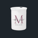 Wedding Mauve Purple Monogram Names Year Est  Beverage Pitcher<br><div class="desc">Celebrate your marriage monogram lbevarage pitcher,  featuring monogram in mauve purple,  your names in black elegant calligraphy and the year established on a white background. Perfect wedding or engagement gift! Exclusively designed for you by Happy Dolphin Studio.</div>