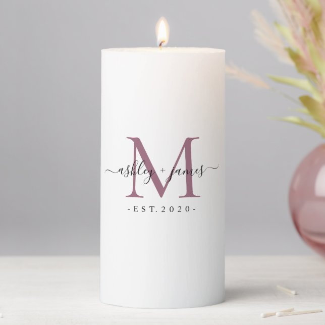 Wedding Mauve Purple Monogram Names Year Est  Pillar Candle (In Situ)