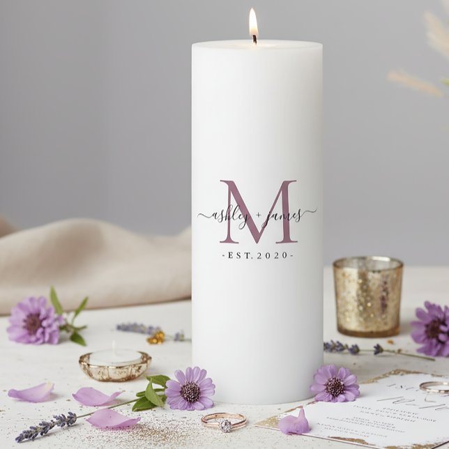 Wedding Mauve Purple Monogram Names Year Est  Pillar Candle (Creator Uploaded)