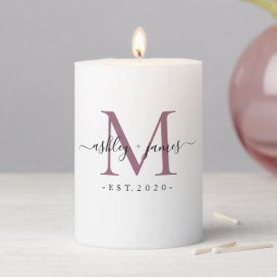 Wedding Mauve Purple Monogram Names Year Est  Pillar Candle