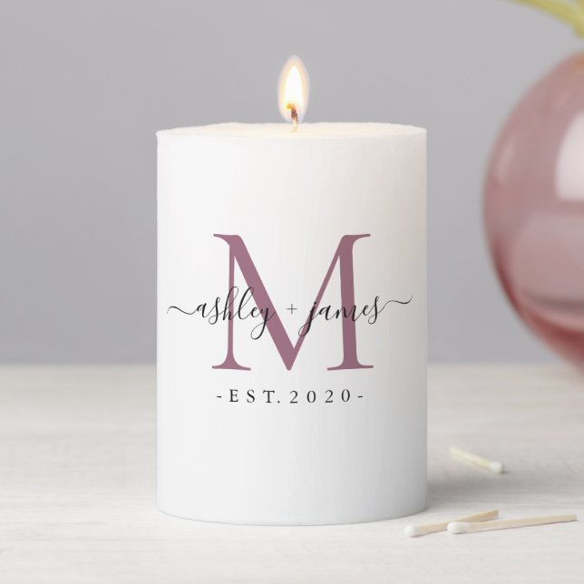 Wedding Mauve Purple Monogram Names Year Est  Pillar Candle (In Situ)