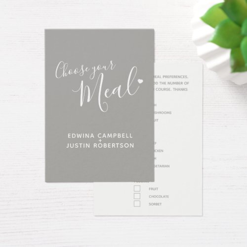 Wedding meal choice script text gray small cards