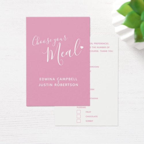 Wedding meal choice script text pink small cards