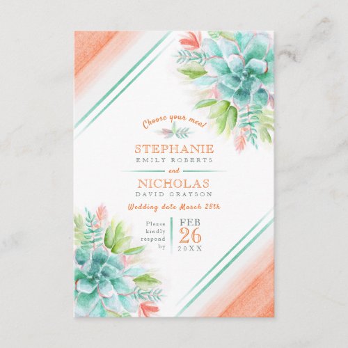 Wedding meal choice succulent orange green wedding enclosure card