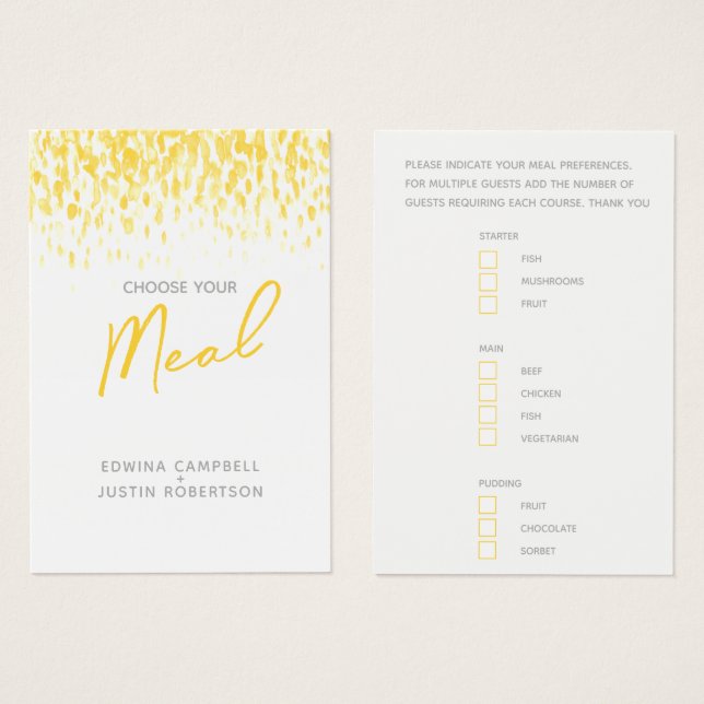 Wedding meal choice yellow watercolor reply cards (Front & Back)