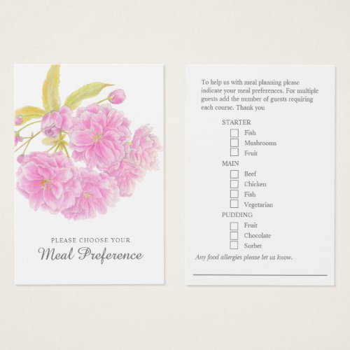 Wedding meal preference pink floral cards