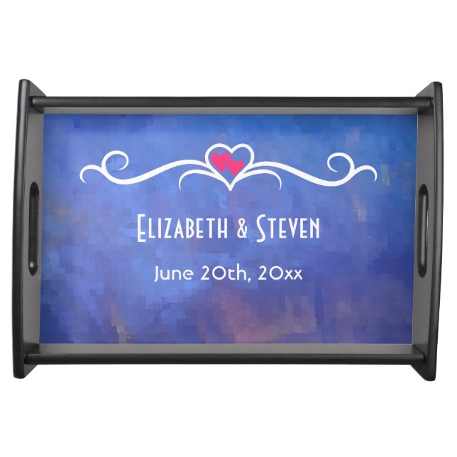 Wedding Memento Blue Abstract Squares Design Serving Tray (Front)
