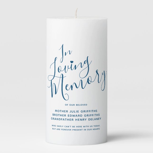 Wedding memorial blue white custom script text pillar candle (Front)