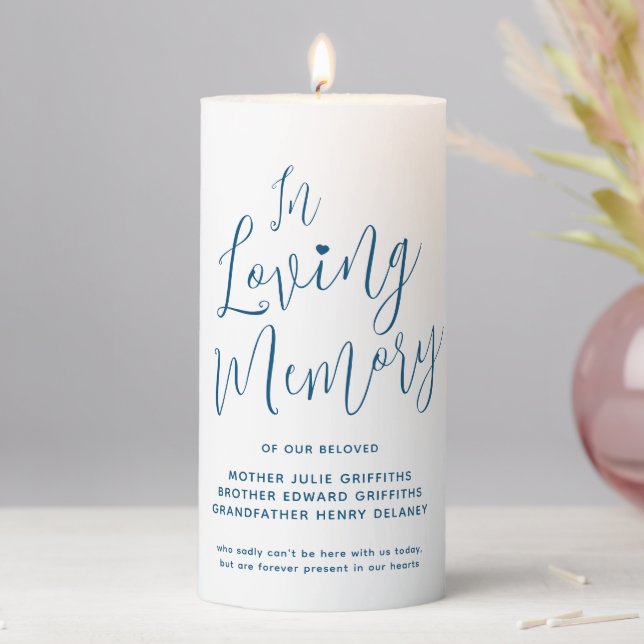 Wedding memorial blue white custom script text pillar candle (In Situ)